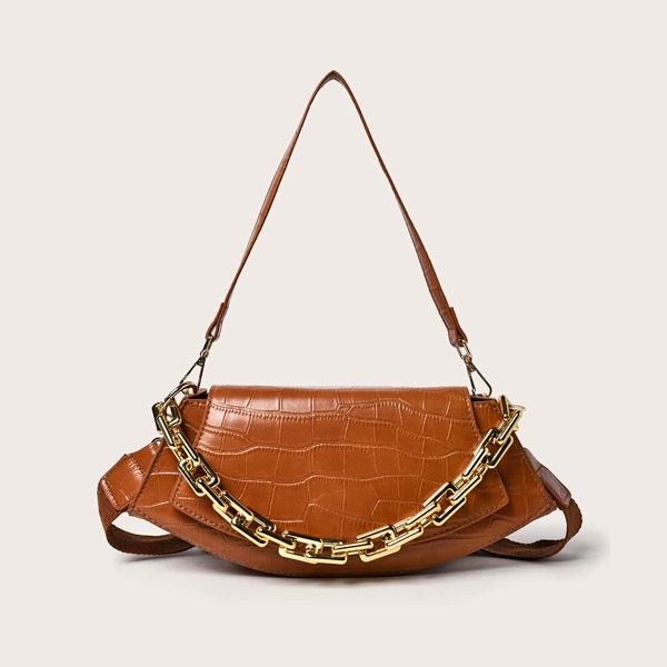 

Croc Embossed Chain Shoulder Bag, Brown
