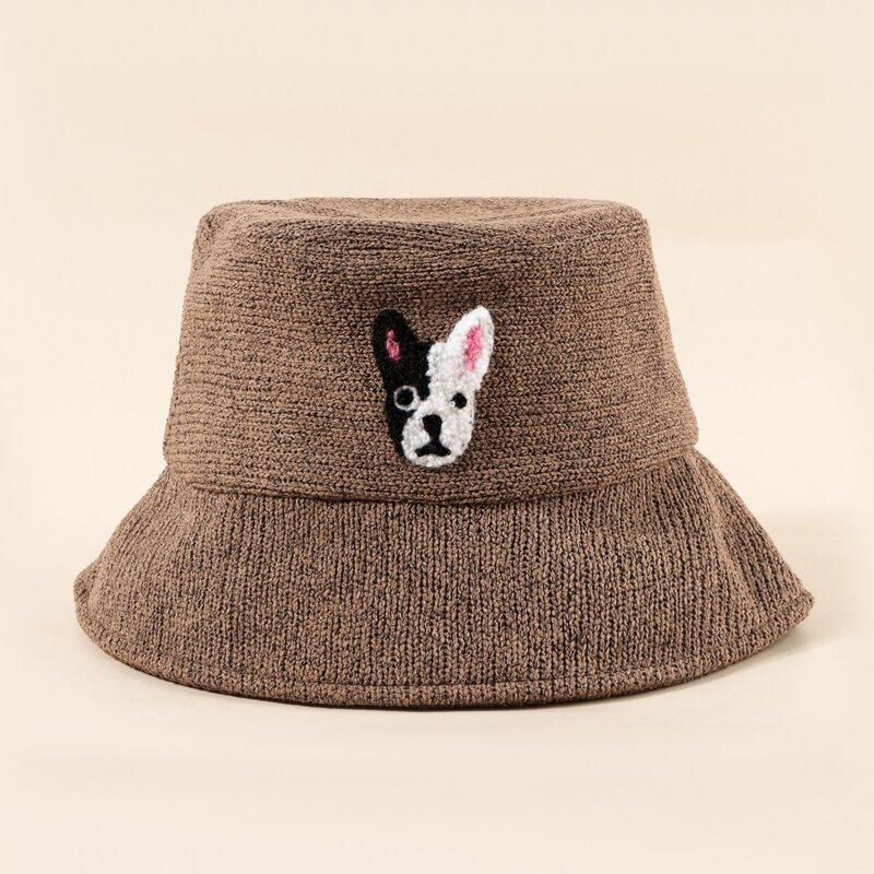 Dog Embroidery Bucket Hat, Coffee brown