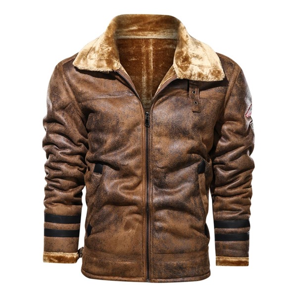 

Men PU Leather Patched Zip-up Jacket, Coffee brown