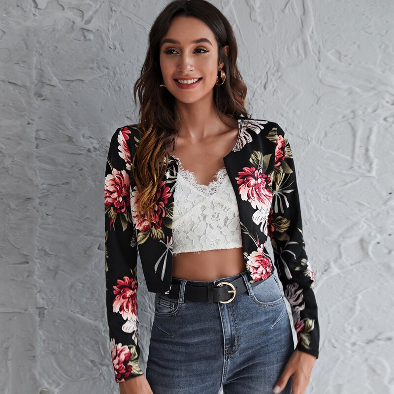 

Floral Print Open Front Crop Jacket, Multicolor