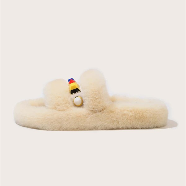 

Faux Pearl Decor Fluffy Slide Sandals, Beige