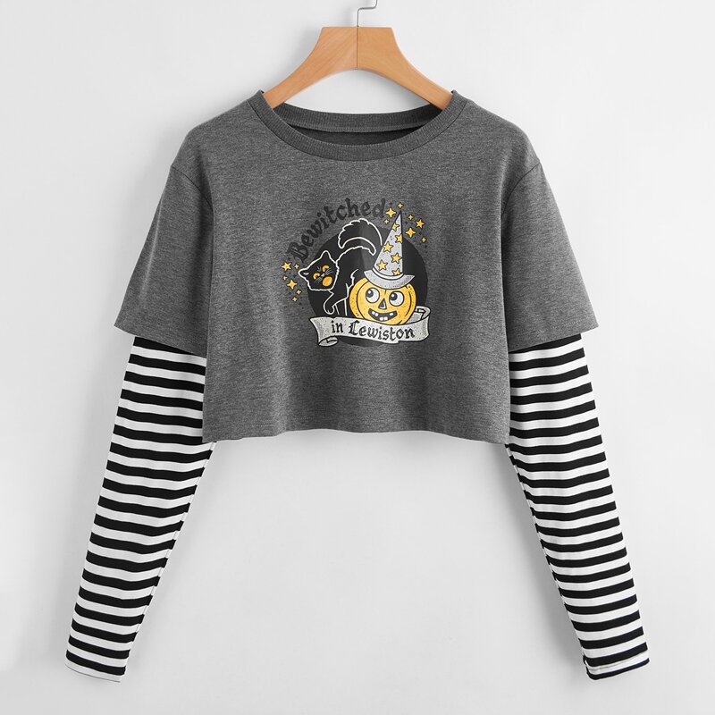 

Halloween Letter Graphic Striped Sleeve Tee, Multicolor