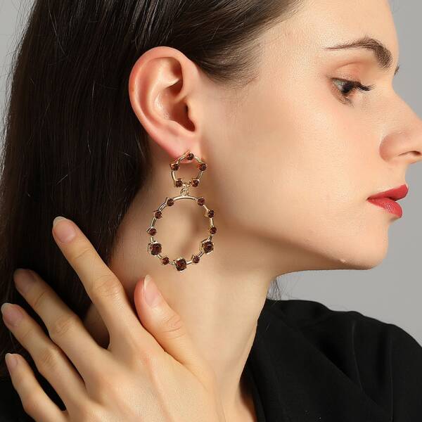 

Rhinestone Round Drop Earrings, Coffee brown