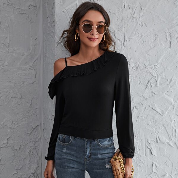 

Asymmetrical Neck Ruffle Trim Tee, Black