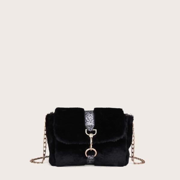 

Glitter Fluffy Flap Chain Bag, Black