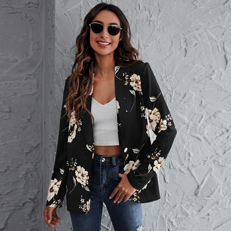 

Flower Print Shawl Collar Blazer, Black
