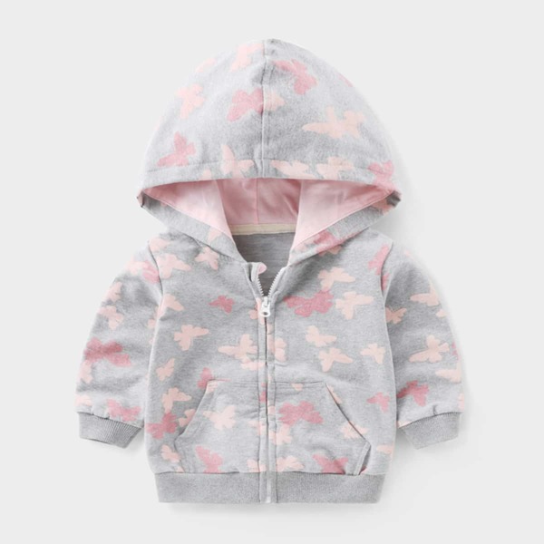 

Toddler Girls Butterfly Print Zip Up Hoodie, Light grey