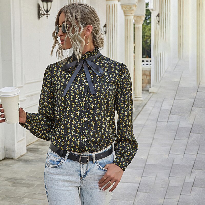 

Ditsy Floral Tie Neck Button Front Blouse, Black