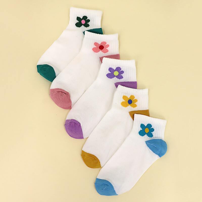 

5pairs Flower Print Ankle Socks, Multicolor