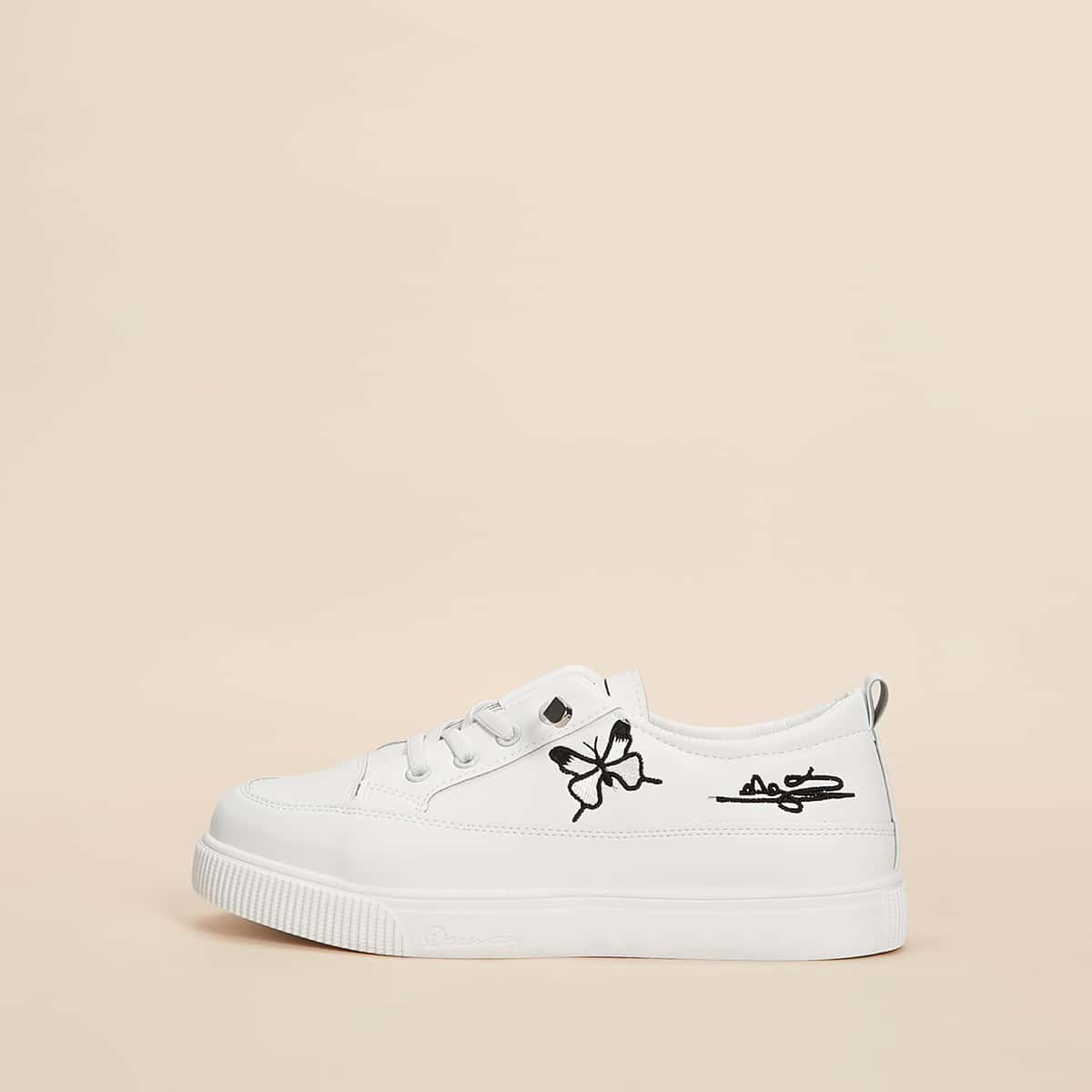 

Butterfly Embroidery Lace-up Skate Shoes, White