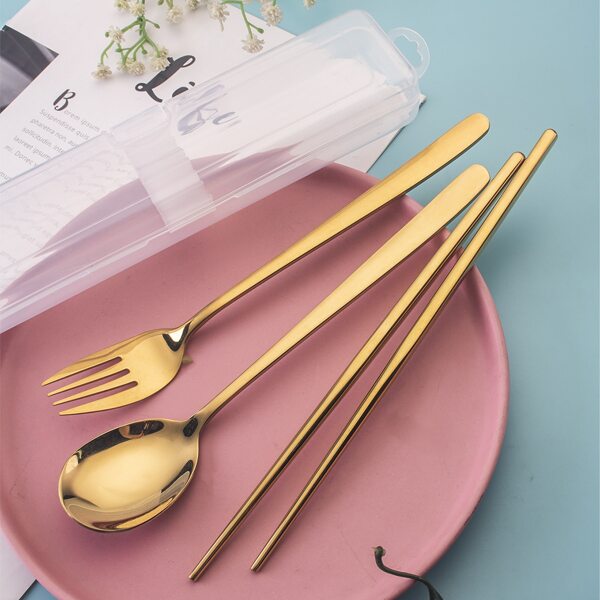 

3pcs Stainless Steel Cutlery & 1pc Storage Box, Gold