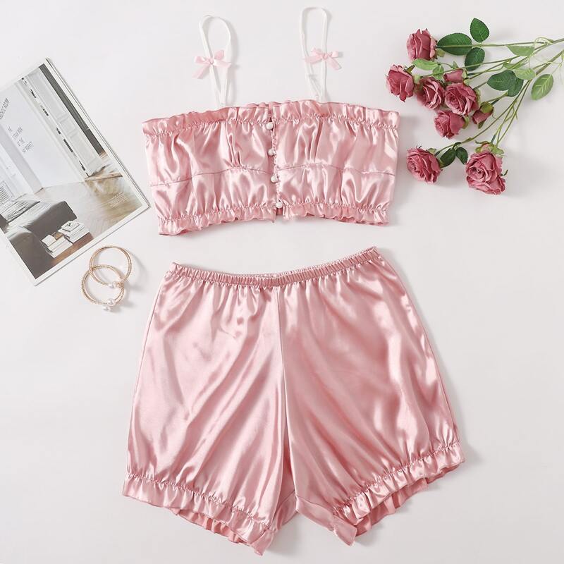 

Solid Frill Trim Satin Crop Cami Top & Shorts Night Set, Baby pink