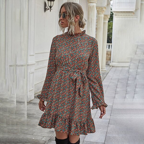 

Ditsy Floral Ruffle Hem Dress With Belt, Multicolor