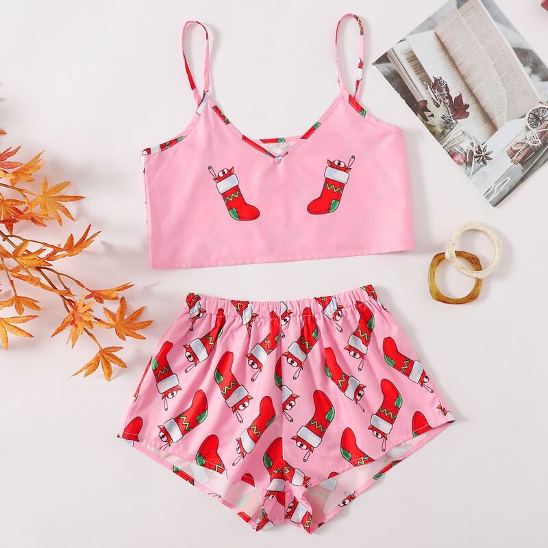 

Christmas Cartoon Graphic Cami PJ Set, Pink