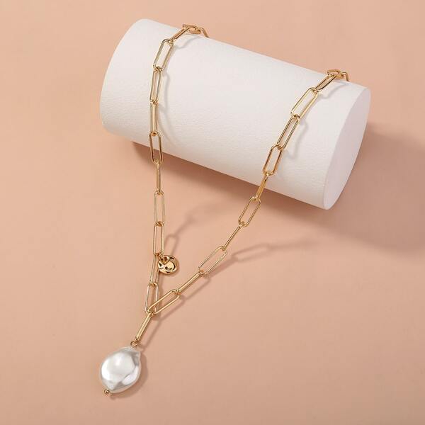 

Faux Pearl Pendant Chain Necklace, Gold