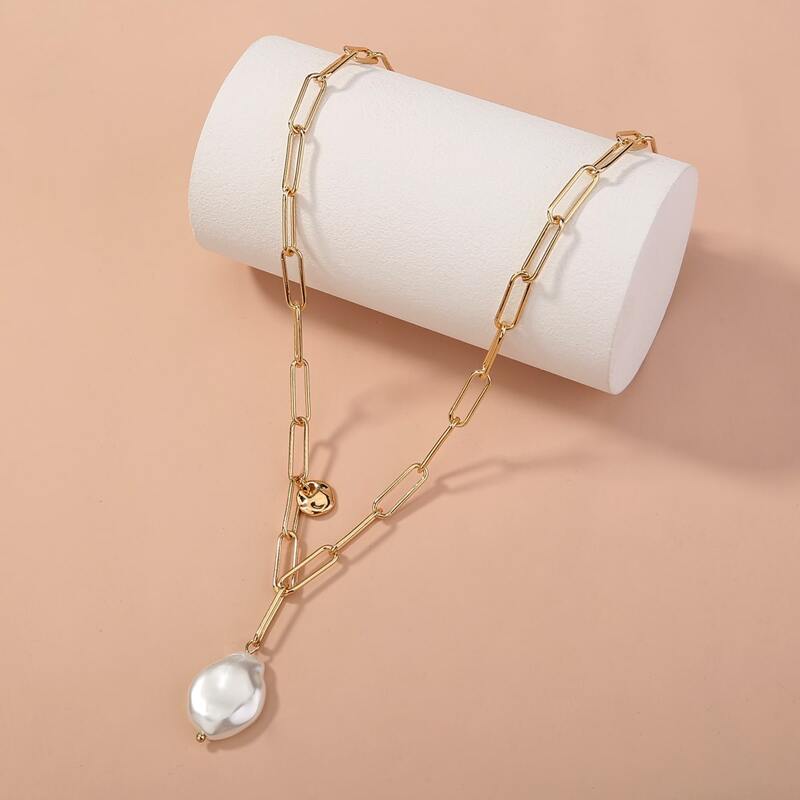 

Faux Pearl Pendant Chain Necklace, Gold