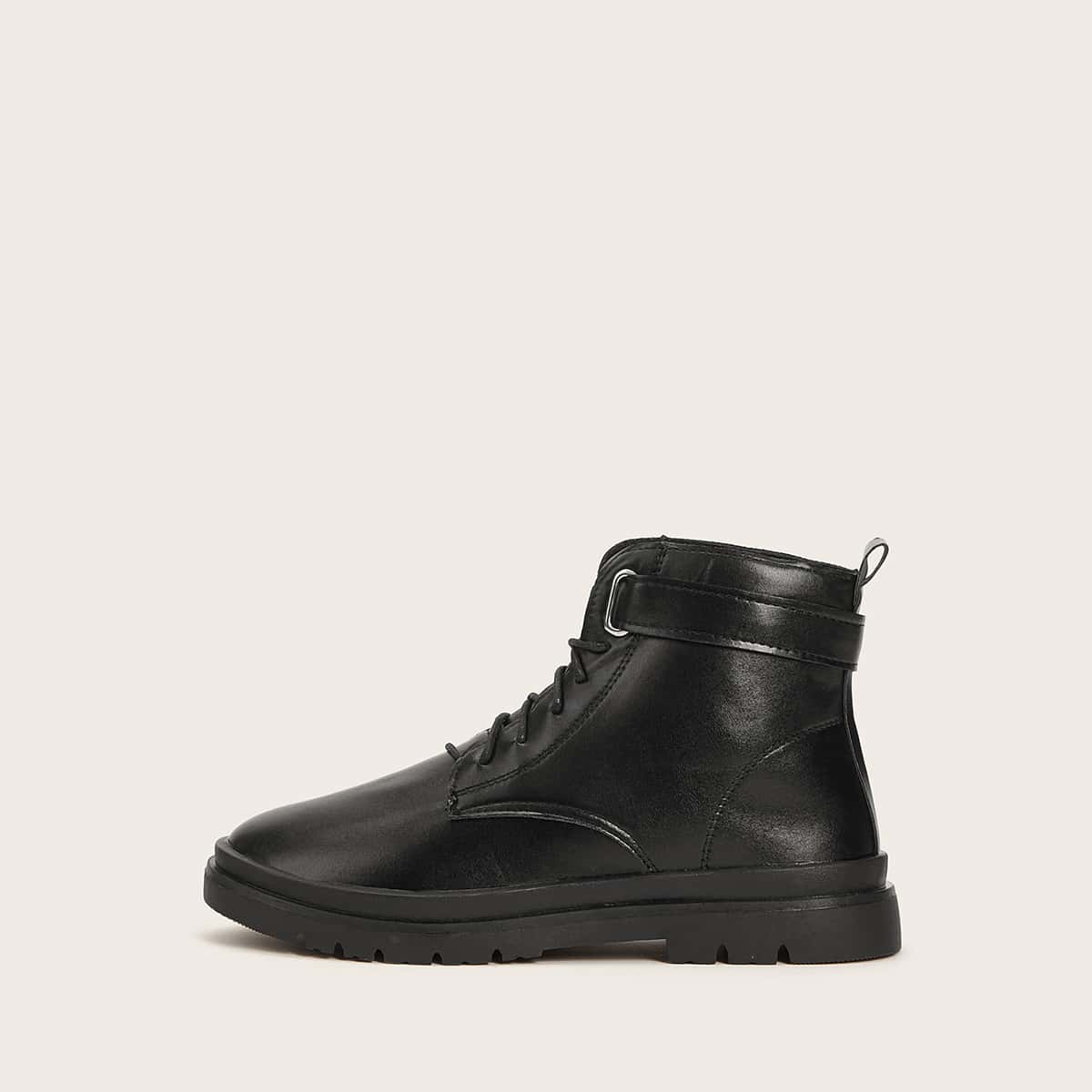 

Buckle Decor Lace-up Combat Boots, Black