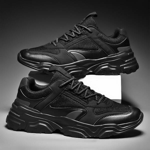 

Men Lace-up Front Mesh Panel Chunky Sneakers, Black
