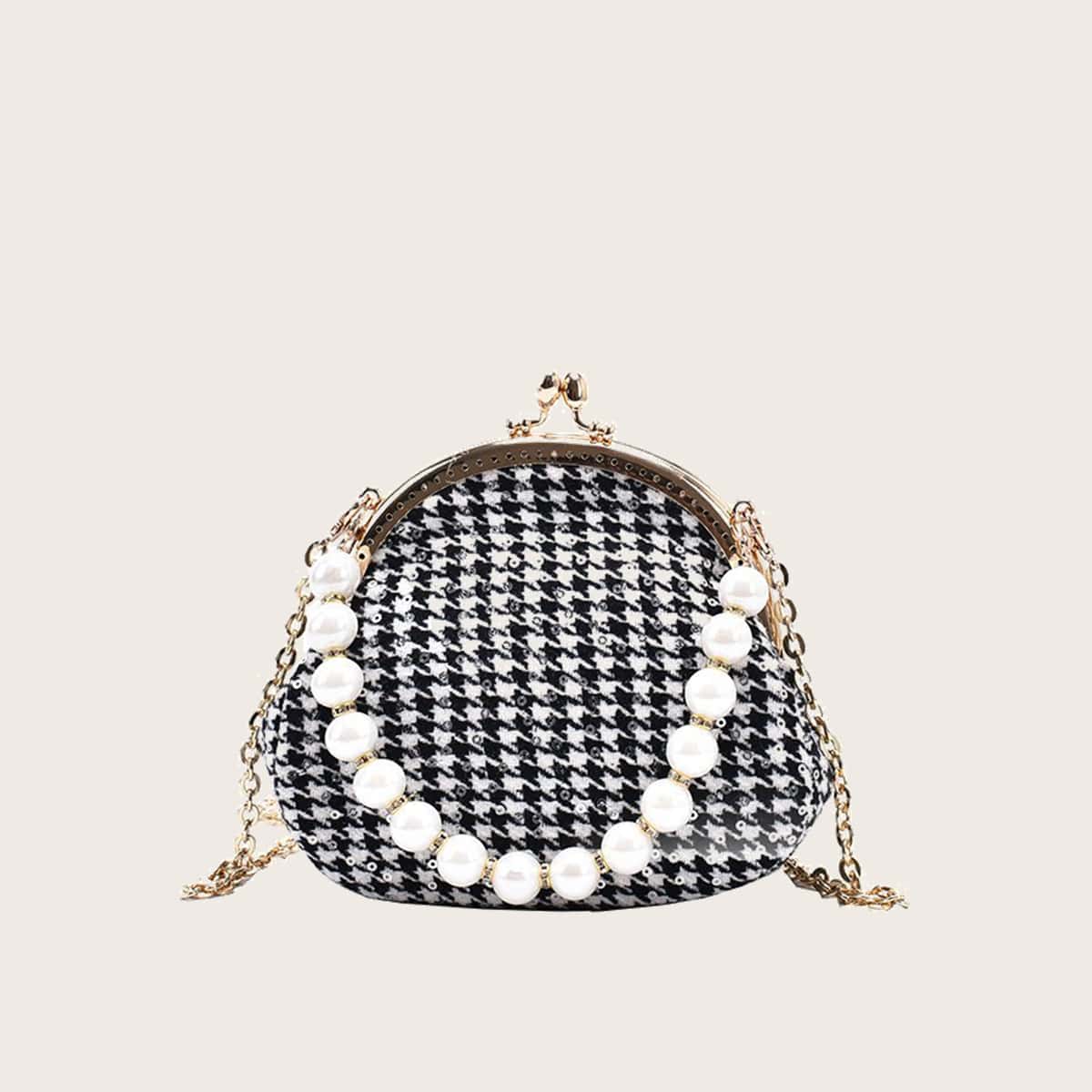 

Faux Pearl Houndstooth Chain Satchel Bag, Black and white