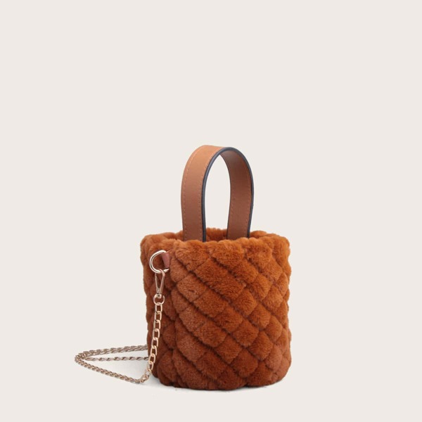 

Fluffy Quilted Bucket Bag, Rust brown