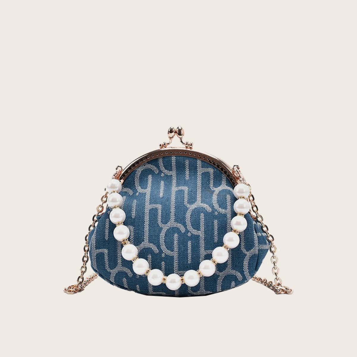 

Faux Pearl Letter Chain Satchel Bag, Blue