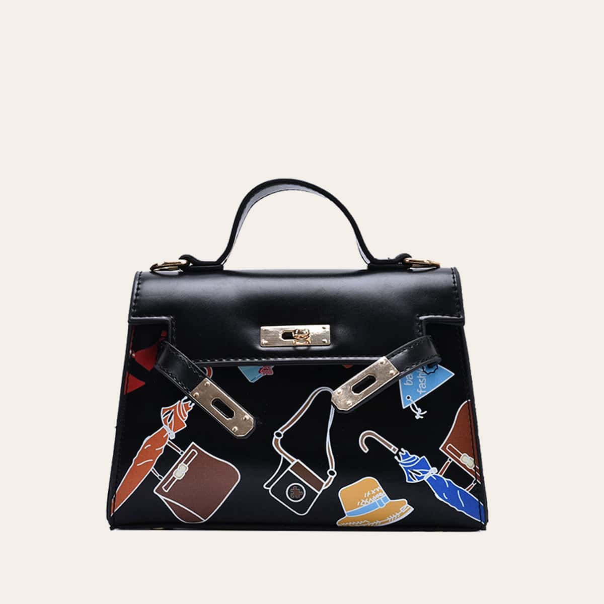 

Graphic Twist Lock Satchel Bag, Black