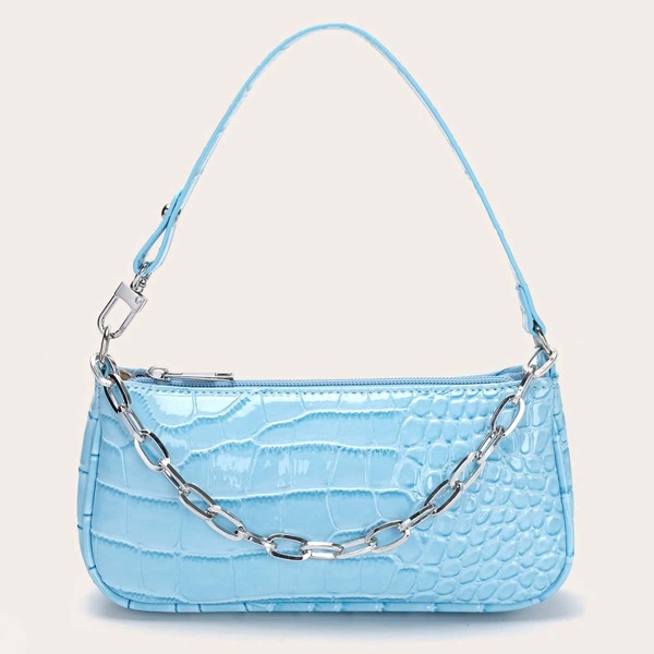 

Croc Embossed Chain Baguette Bag, Baby blue