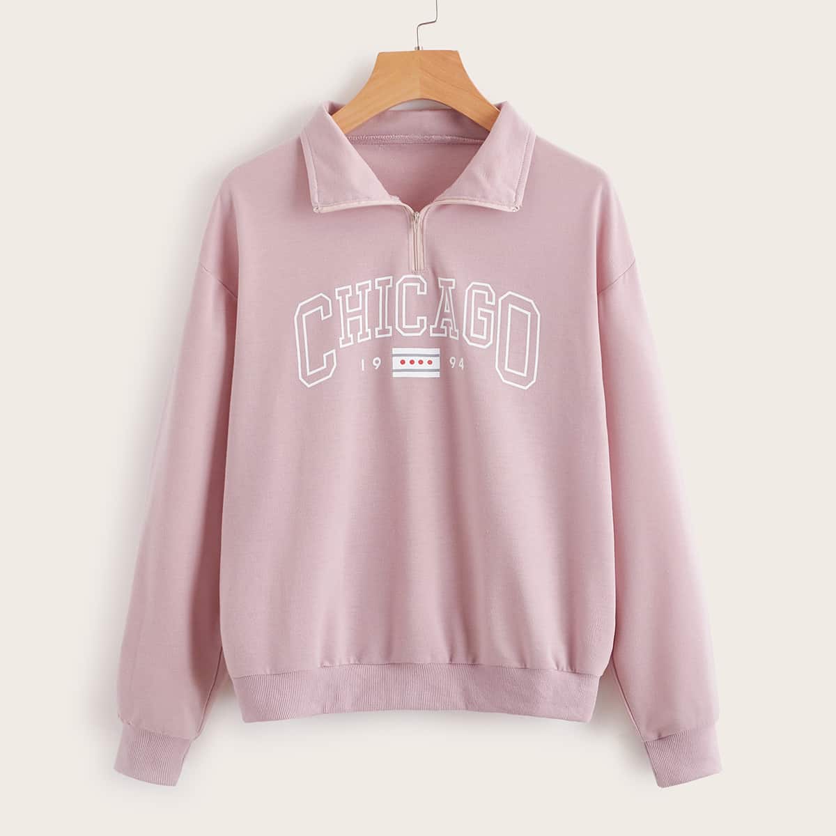 Letter Graphic Half Zip Sweatshirt, Mauve purple