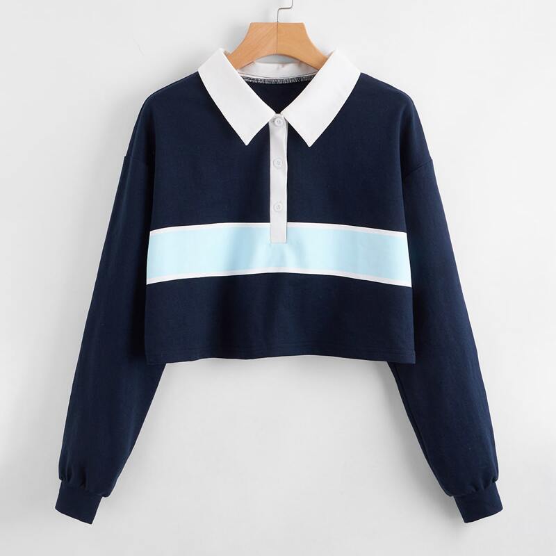 

Colorblock Polo Crop Sweatshirt, Multicolor