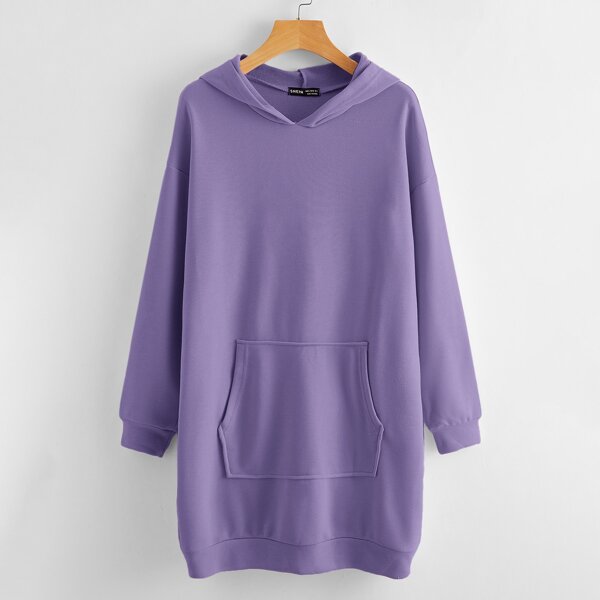 

Kangaroo Pocket Drop Shoulder Hooded Sweatshirt Dress, Violet purple
