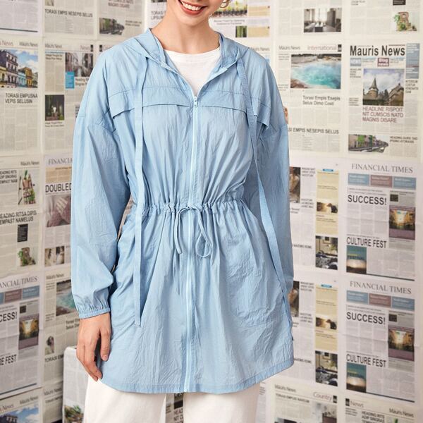 

Drawstring Waist Zipper Hooded Coat, Baby blue