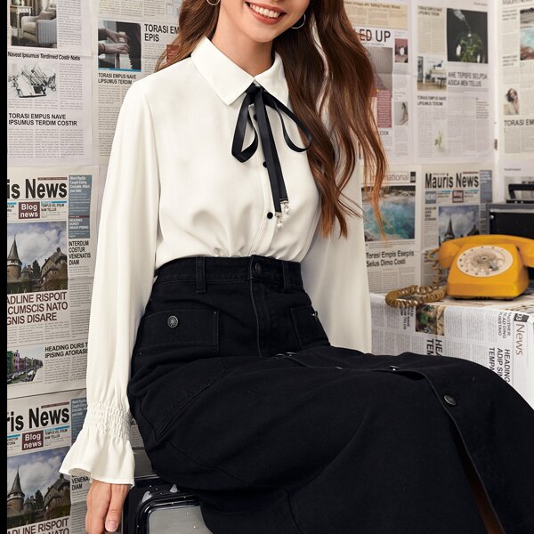

Tie Neck Flounce Sleeve Button Up Blouse, White