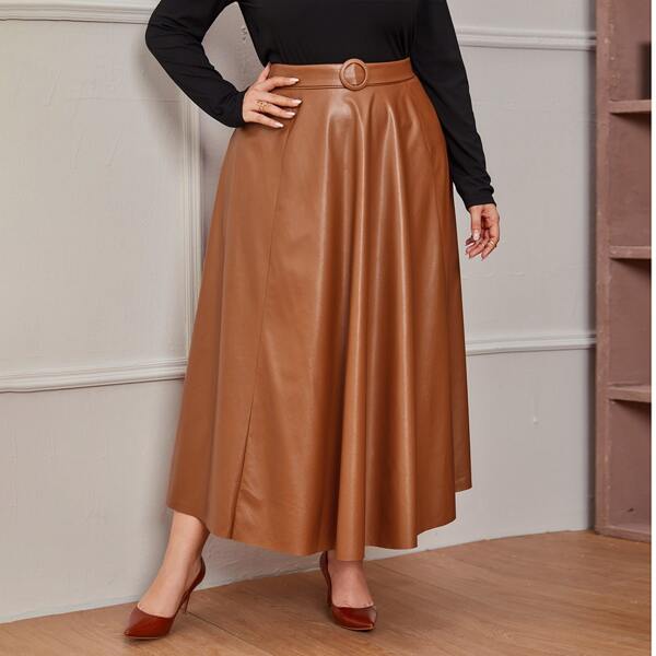 

Plus Buckle Belted PU Skirt, Brown