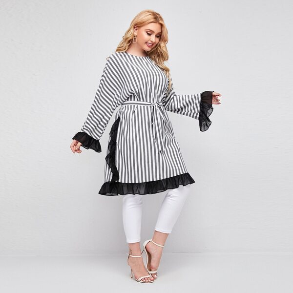 

Plus Two Tone Striped Contrast Ruffle Detail Belted Top, Multicolor