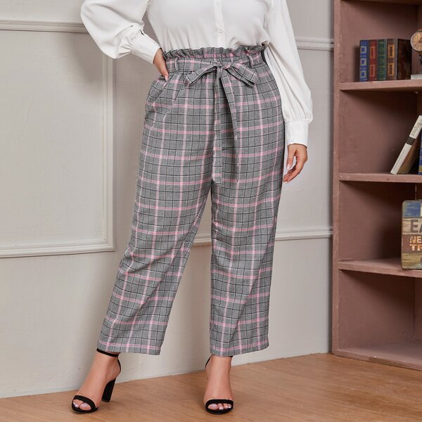 

Plus Paperbag Waist Belted Plaid Pants, Multicolor