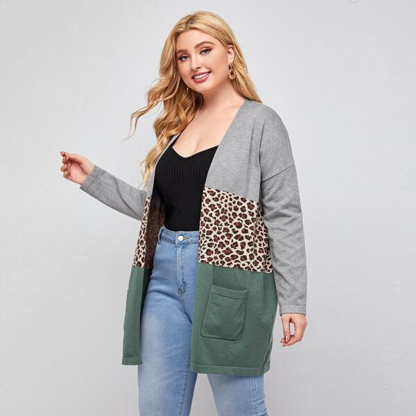 

Plus Leopard Panel Pocket Patched Cardigan, Multicolor