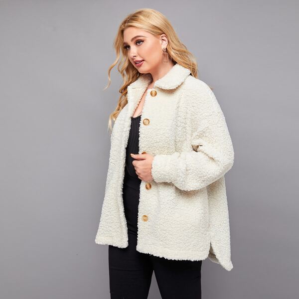 

Plus Drop Shoulder Button Up Teddy Coat, Beige