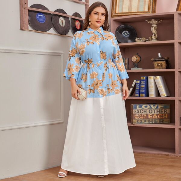 

Plus Floral Print Colorblock Shirt Dress, Multicolor
