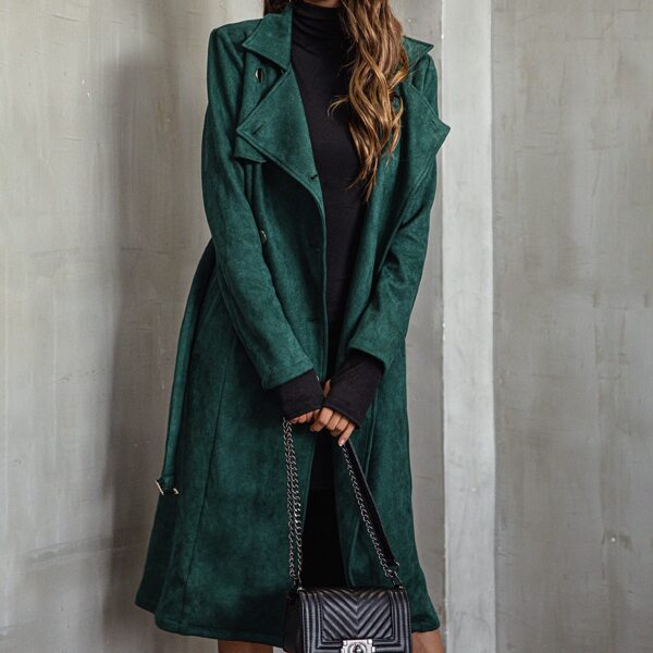 

Suede Lapel Collar Belted Pea Coat, Dark green