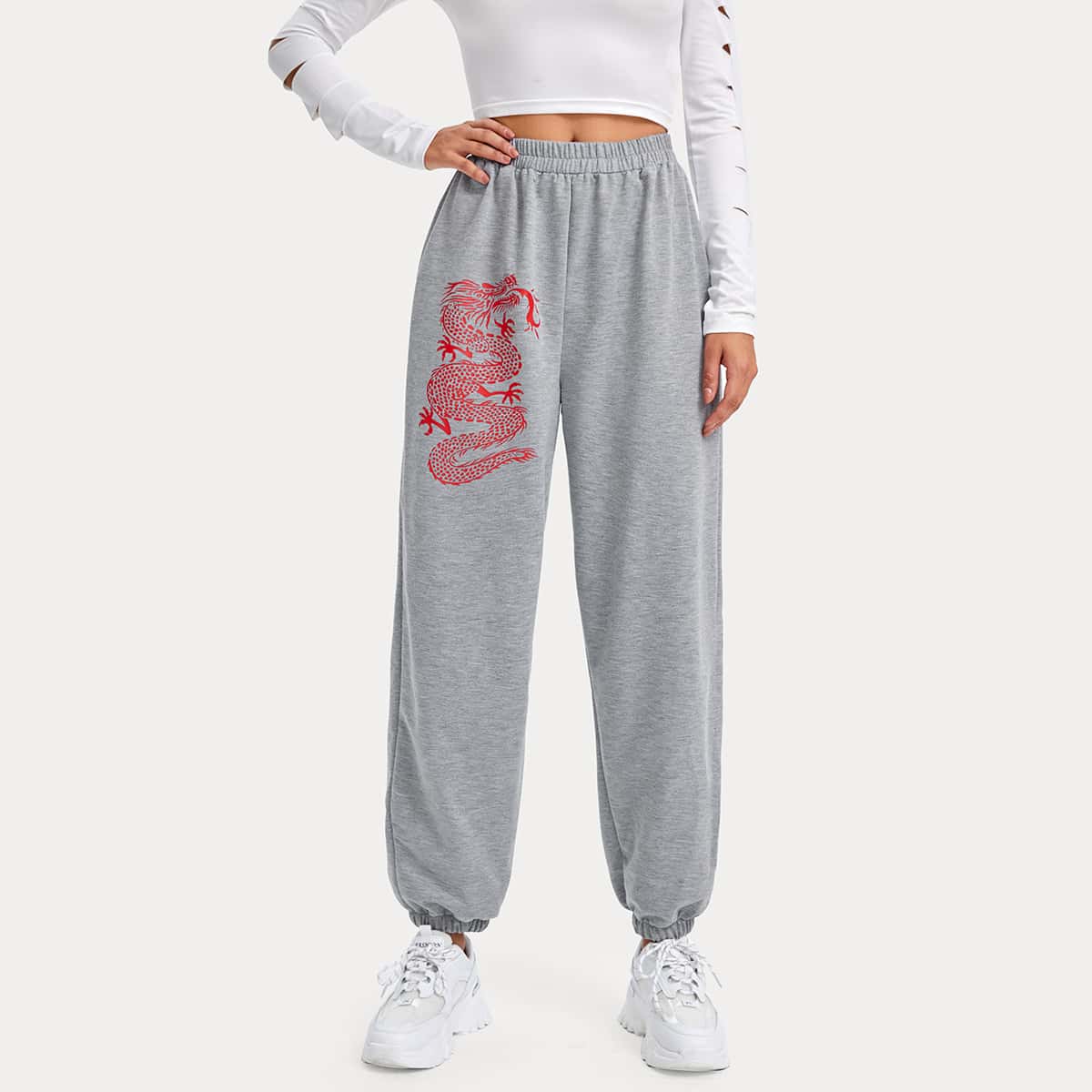 

Chinese Dragon Print Sweatpants, Light grey