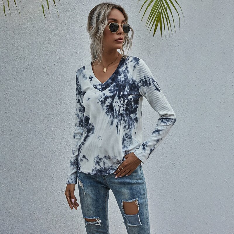

Tie Dye V-neck Rib-knit Tee, Black and white