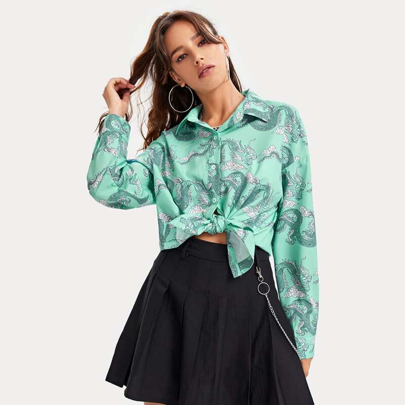 

Chinese Dragon Print Shirt, Mint green