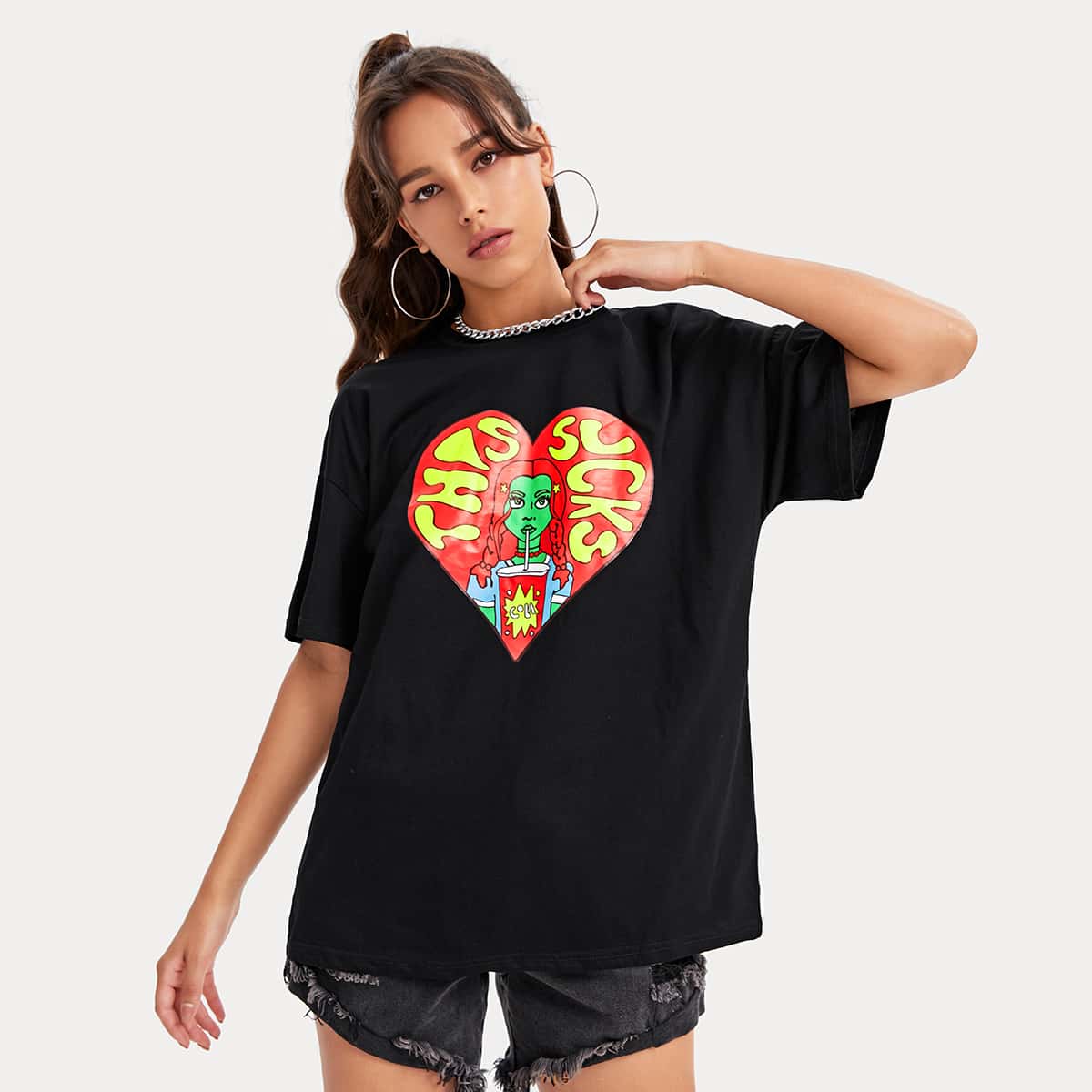 Heart & Figure Graphic Oversized Tee, Black