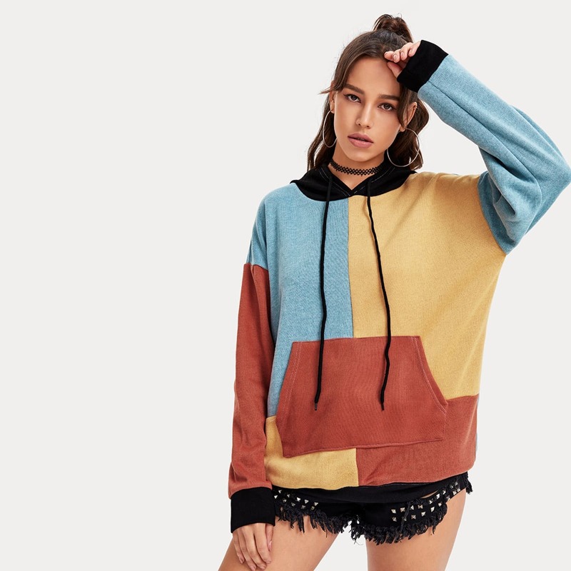

Kangaroo Pocket Colorblock Drawstring Hoodie, Multicolor