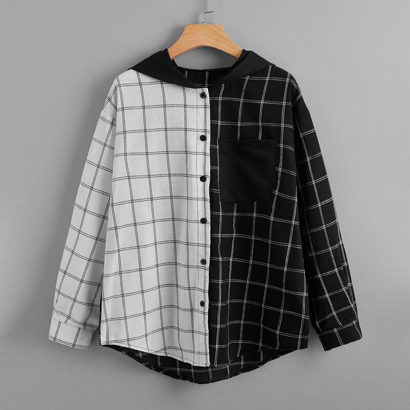 

Plaid Spliced Hooded Shirt, Black and white