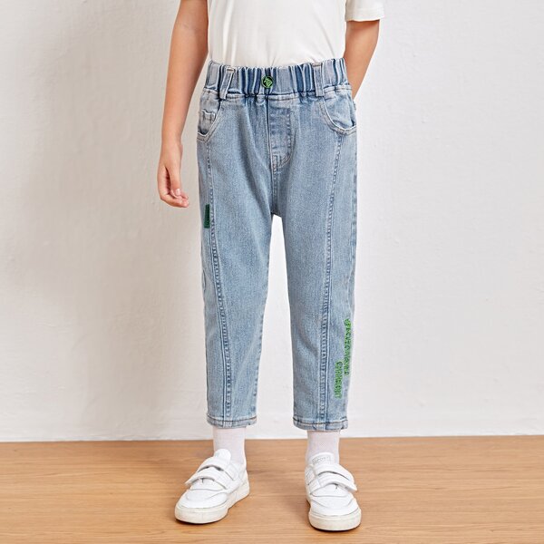 

Toddler Boys Letter Patched Slant Pocket Jeans, Light wash