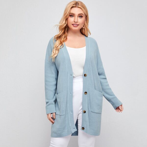 

Plus Drop Shoulder Patch Pocket Button Placket Cardigan, Pastel baby blue