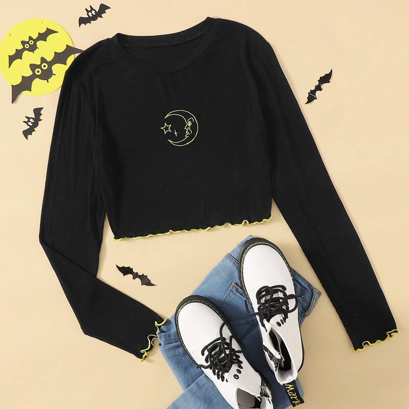 

Star & Moon Embroidery Lettuce Trim Crop Tee, Black