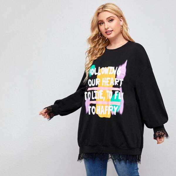 

Plus Drop Shoulder Lace Trim Slogan Graphic Pullover, Black