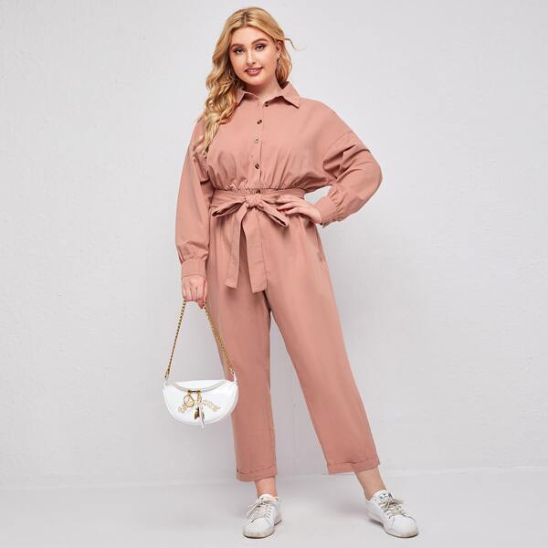

Plus Drop Shoulder Shirred Waist Belted Shirt Jumpsuit, Coral pink